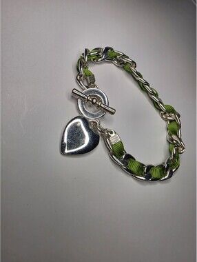 Silver Tone And Green Ribbon Heart Charm Toggle Bracelet 9 Inch